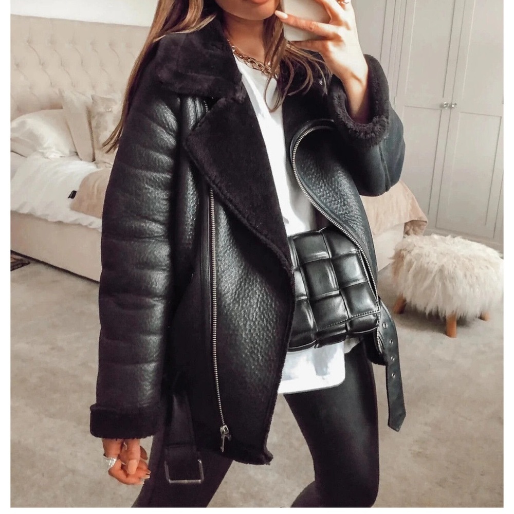ZARA BLACK FAUX LEATHER SHEARLING FUR DOUBLE FACED BIKER JACKET AVIATOR COAT